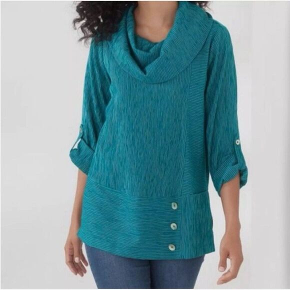 Soft Surroundings  Blue Teal Striped Roll Tab Cowl Neck Tunic Top - Picture 1 of 12